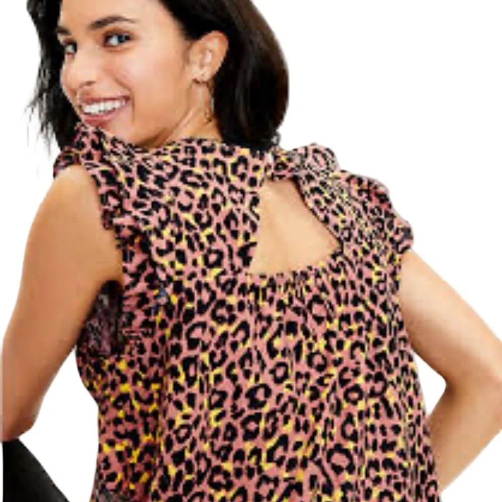 LOFT Leopard Print Cutout Back Ruffle Shell - Picture 2 of 8